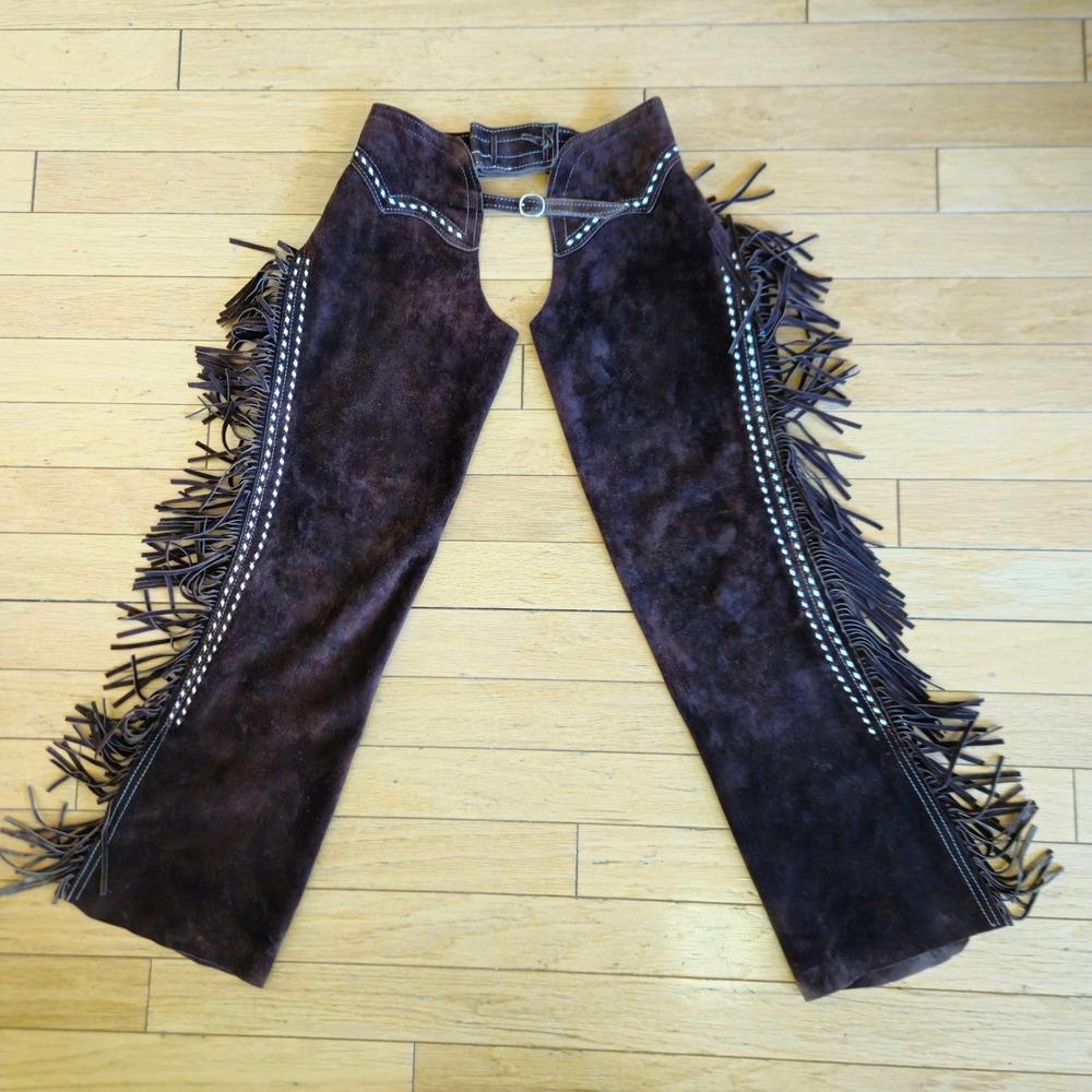 VTG 70s Chocolate Suede Western Fringe Chaps Adj. Waist Whipstitch TALON Riding
